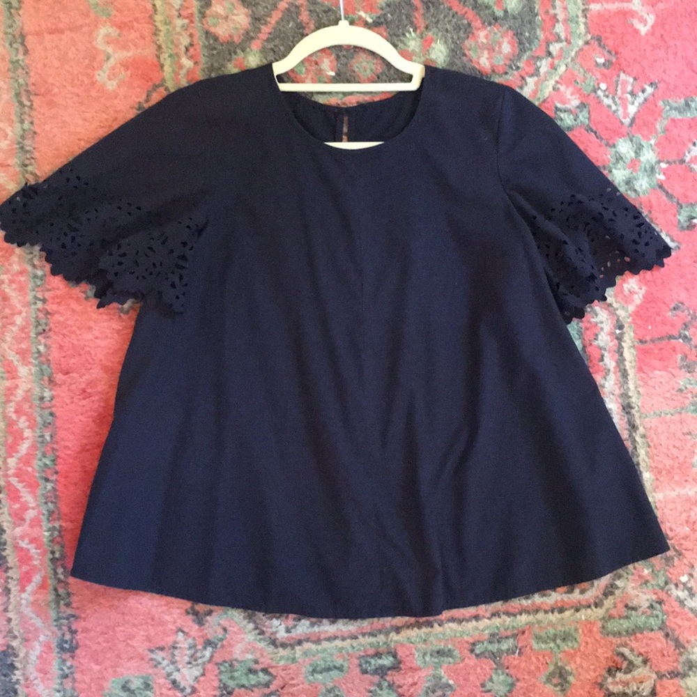Navy Lasercut Flutter Sleeve Tent Top Blouse Jcrew